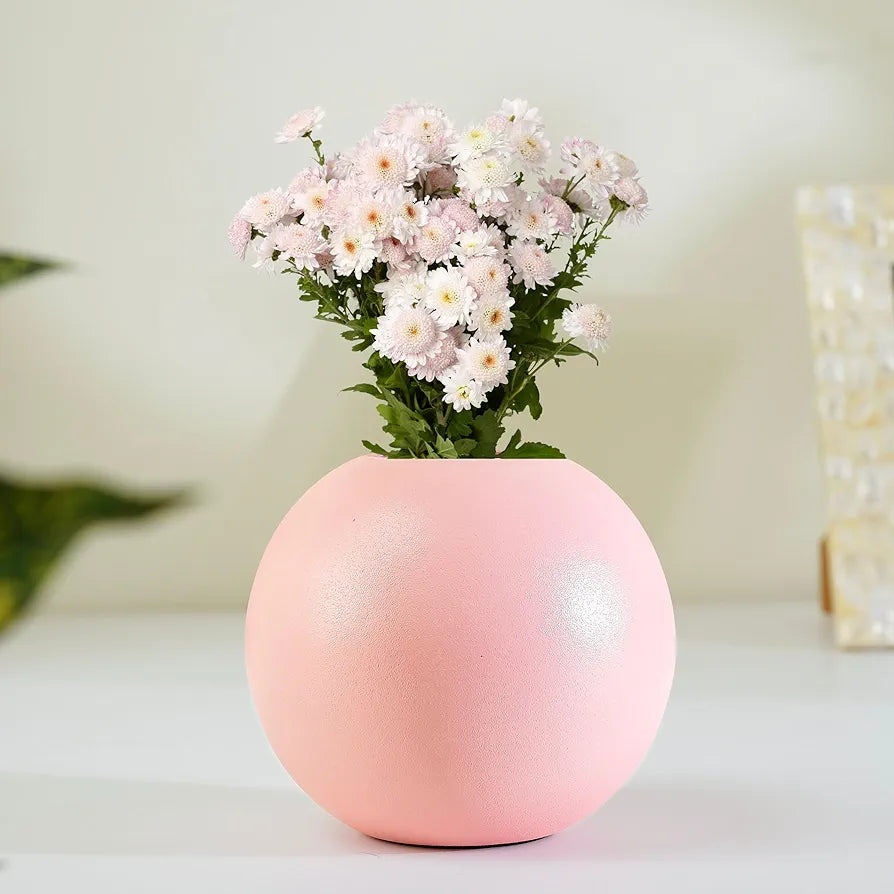 BEHOMA Metal Ball Round Vase for Home Decor | Table Decorative Item for Bedroom Living Room Office Wedding | Best Gift for Birthday Anniversary Festival | Pink, Small