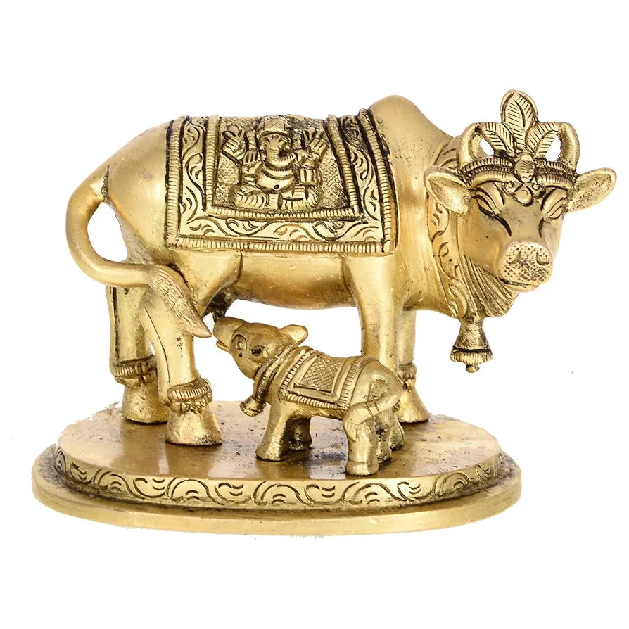 Two Moustaches Brass Holy Kamdhenu Cow and Calf Sculpture, Standard, Pack of 1