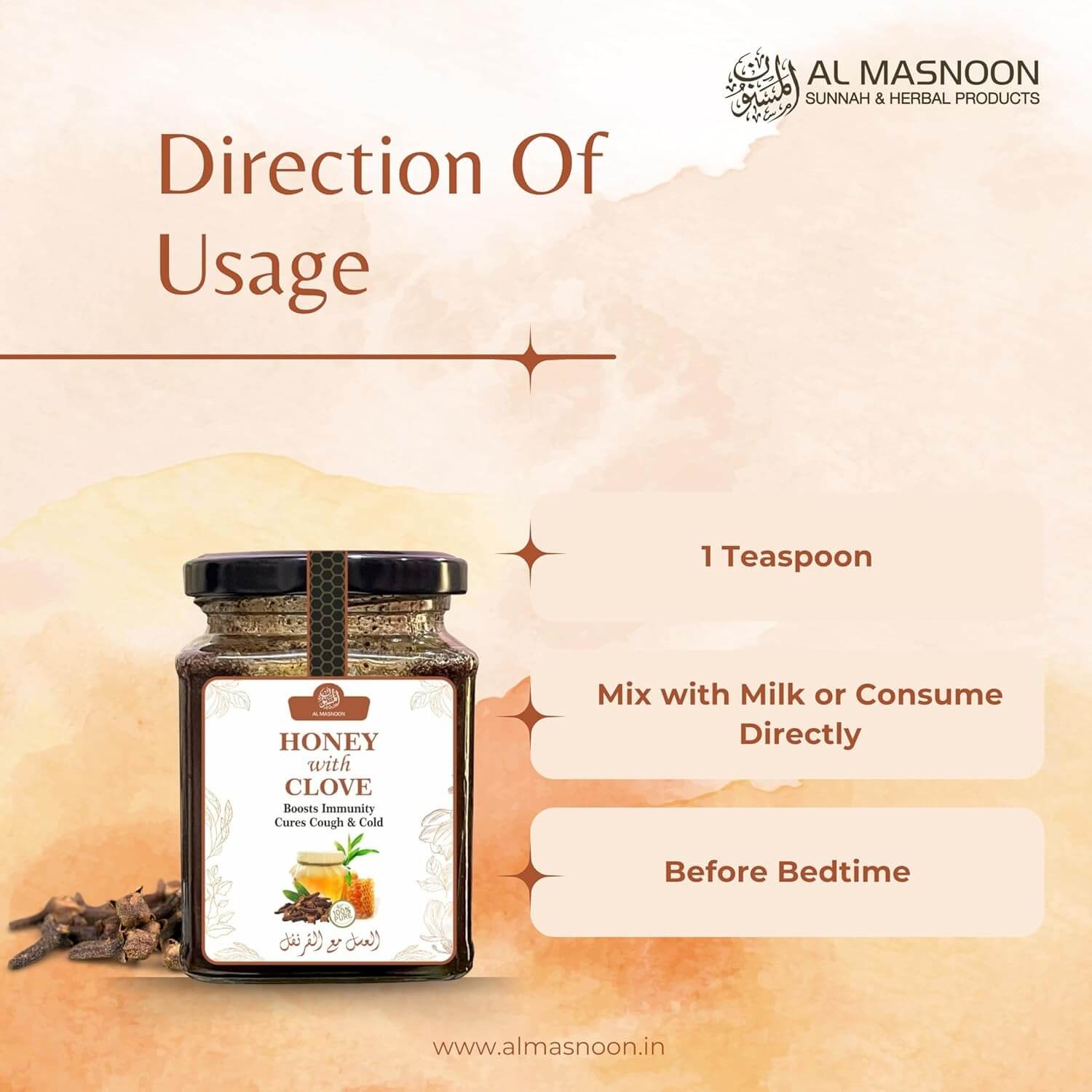 AL MASNOON Honey with Clove 300g – 100% Pure and Natural Honey Infused with Premium Cloves for Enhanced Flavor and Healthy Benefits (Pack of 1)