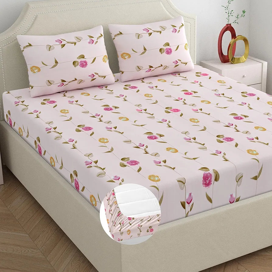 Dreamscape Microfibre Wrinkle & Fade Resistant Fitted Bedsheet for King Bed, 140TC, 1 Fitted Bed Sheet  with 2 Pillow Covers, Pink