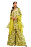 Janasya Women's Lime Green Cotton Floral Printed Kurta with Palazzo and Dupatta