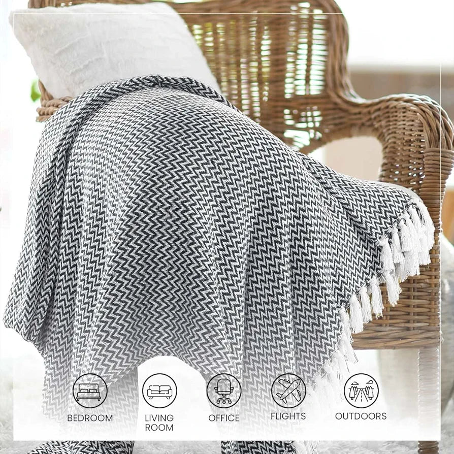 SASHAA WORLD Chevron Throw Blanket Handwoven with Fringes | Throw for Living Room, Bed, XL Sofa & Chair | Navy Throw Blanket | 170x250 cm Pack of 1