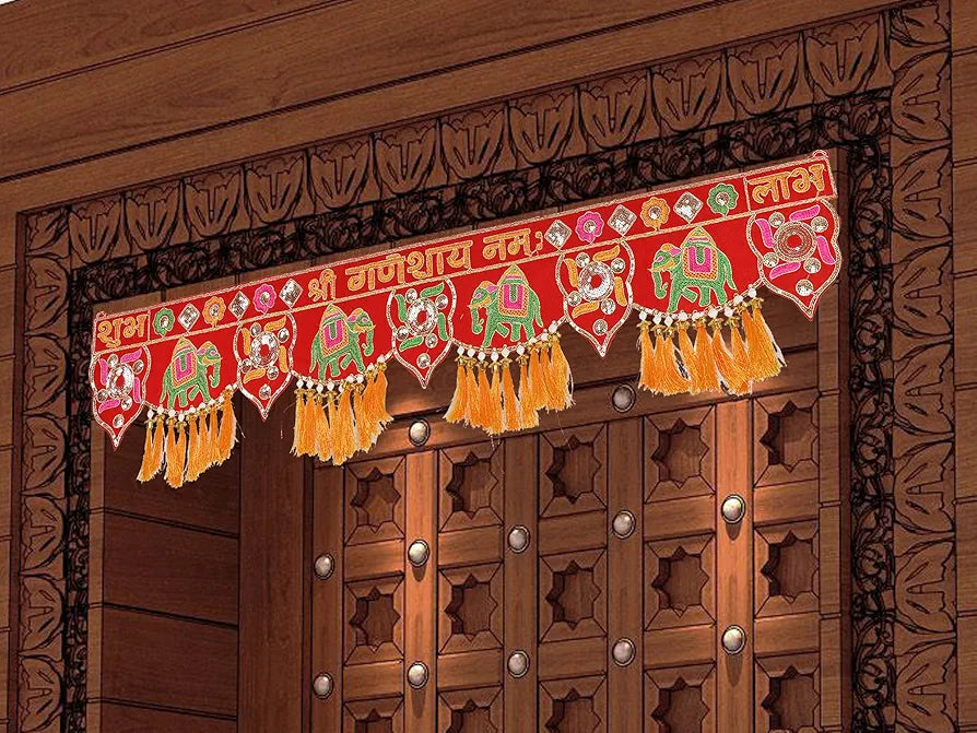 Handmade Traditional toran for Main Door Latest Elephant Design bandarwal Hanging Home décor mandir Decoration Entrance Main Pooja Room, Velvet Hand Embroidered 