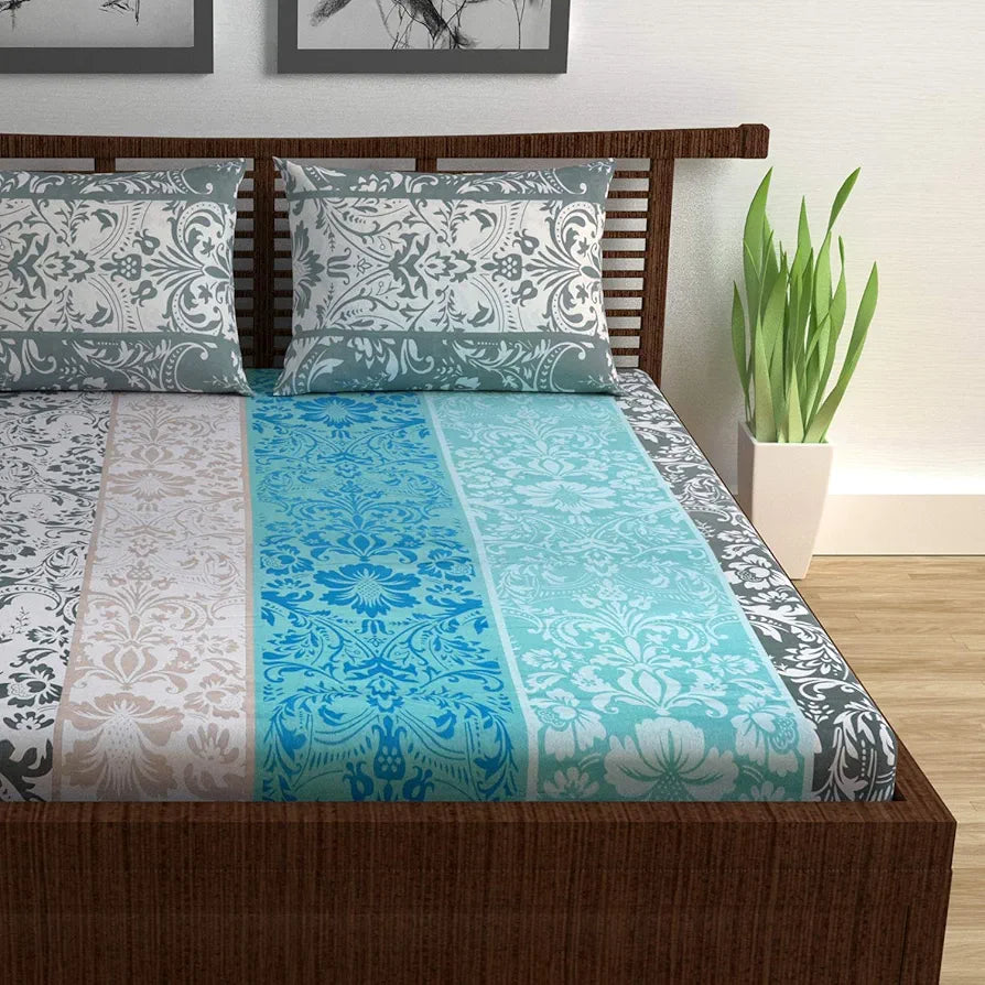 Divine Casa Double Size Bedsheet for Double Bed, 144 TC Pure Cotton Queen Size with 2 Pillow Covers | 222 by 254 cm | Floral | Grey & Blue