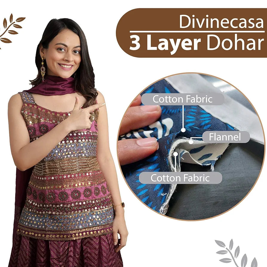 Divine Casa Floret 100% Cotton Double Dohar | 120 GSM | Soft & Lightweight Throw Blanket | Reversible Design | Cozy & Breathable Bedding | All-Season Comfort | 220 x 205 CM, Toffee Grey