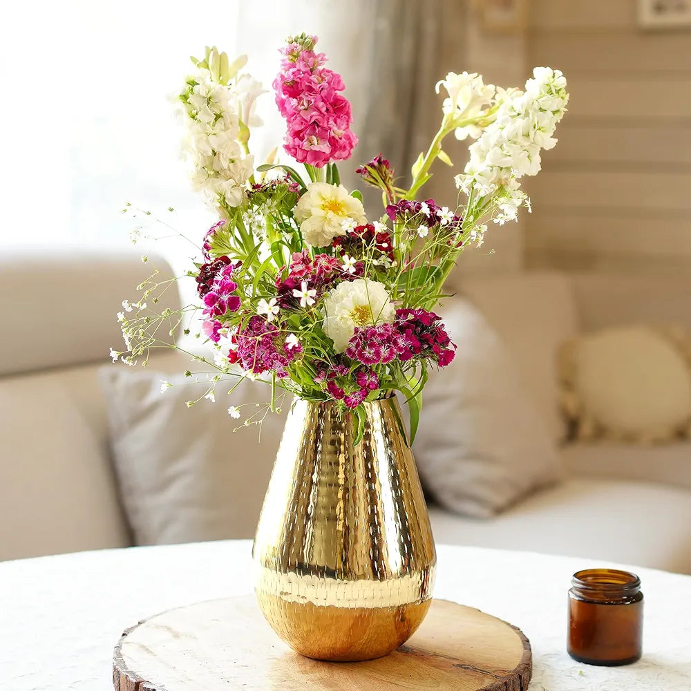 Behoma Drop Shape Metal Hammered Flower Vase for Home Decor, vase for Office Table Decorations, Modern vase, Gift for Anniversary Festival, 7.5 inches, Golden 1 Pc 