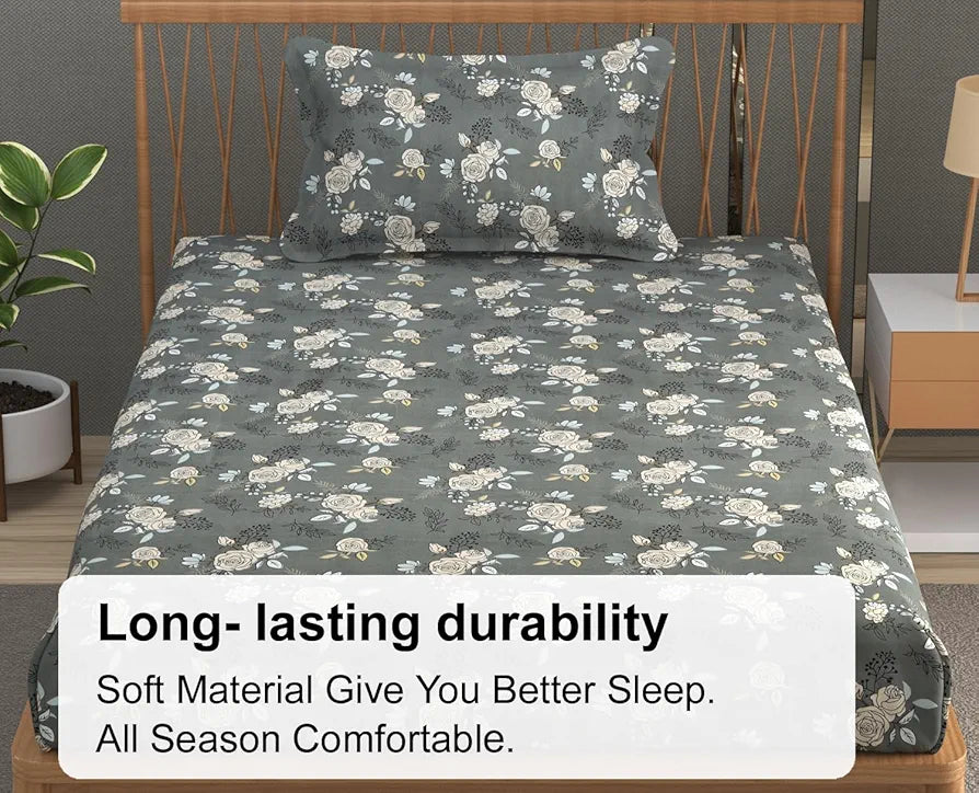 FRESH FROM LOOM Single Bed Microfiber Bedsheet with Floral Print - 240 TC, Anti Fade, 1 Pillow Covers 