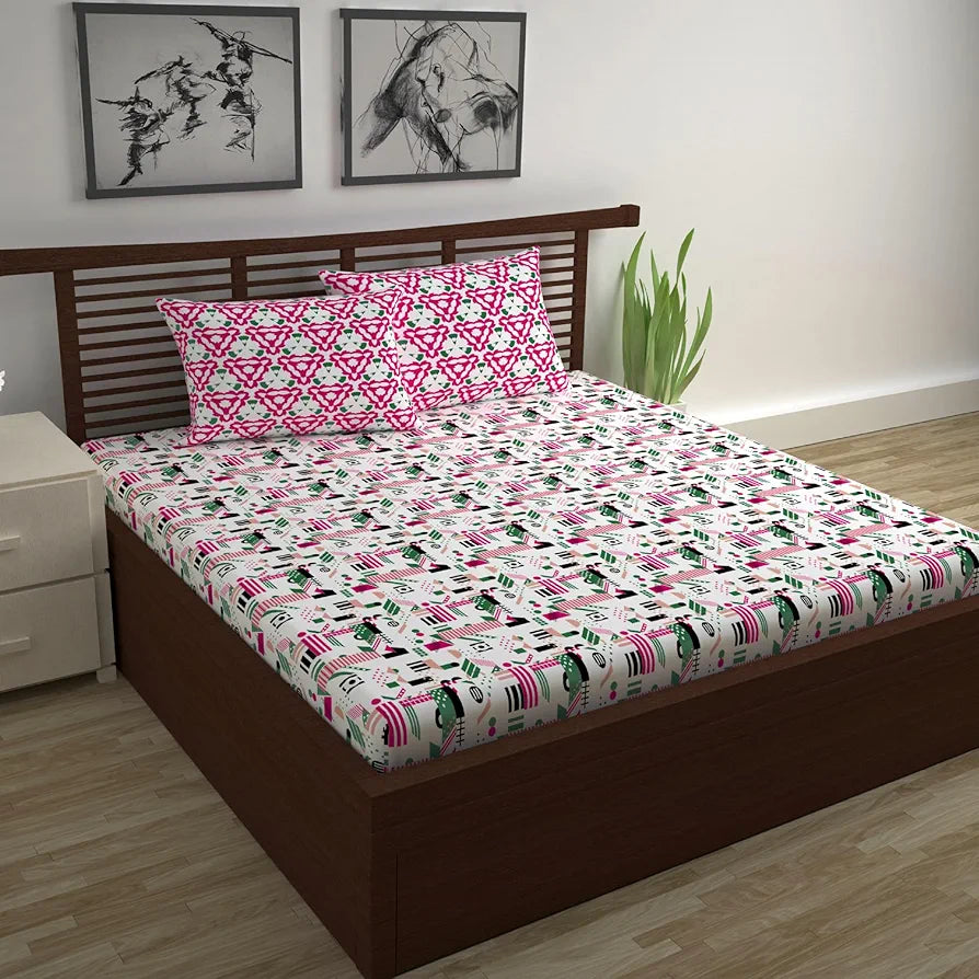 Divine Casa - 144 TC Super Soft Cotton Bedsheet for Double Bed  144 Thread Count - Abstract, Pink & White| 222 x 254 cm