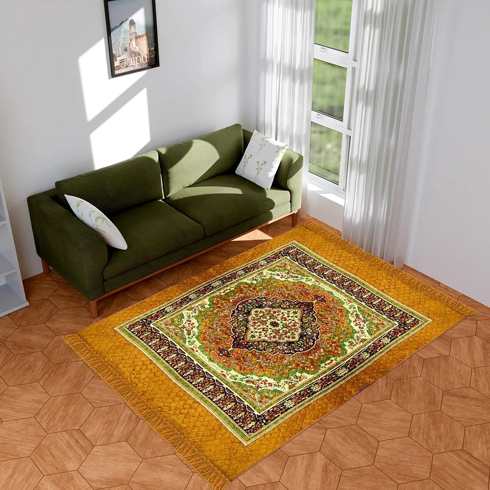 Kuber Industries Carpet | Velvet Carpet-Rug for Home Décor | Carpet Rug for Bedroom | Printed Carpet for Living Room | Prayer-Yoga Mat | Carpet for Hall | 6.5x7.5 Ft | Golden