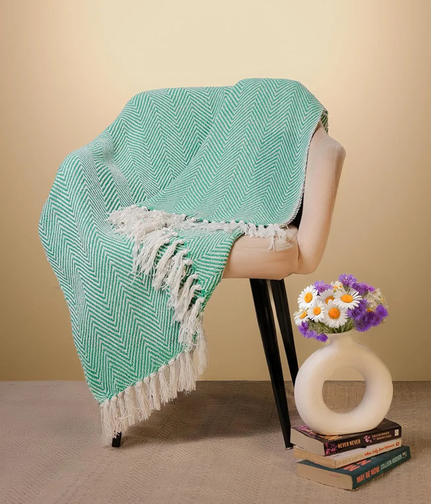 SAJAVAT HOME Hand-Knitted Pure Cotton 3 Seater Sofa Throw | 80x52 Inches/204x132 Cm | Green Throw for Sofa, Bed, Chair & Travel - Ideal for All Season | Pack of 1