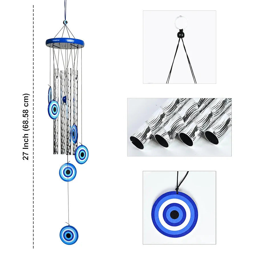 ZAICUS Turkish Evil Eye Wind Chimes – Metal Hanging Décor for Home, Balcony, Entrance & Living Room – 27-inch Chime for Positive Energy & Housewarming Gift 