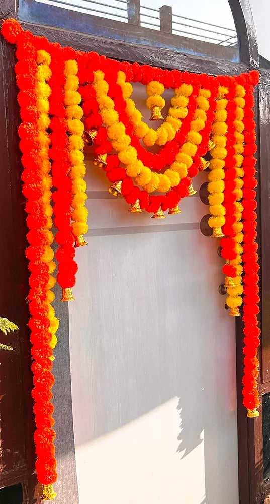 Rajasthan Kraft Artificial Fluffy Marigold Bandhanwar with Bell – 40 Inch Yellow Mango Flower Full Door Bandanwar for Home, Temple, Wedding & Festival Decoration