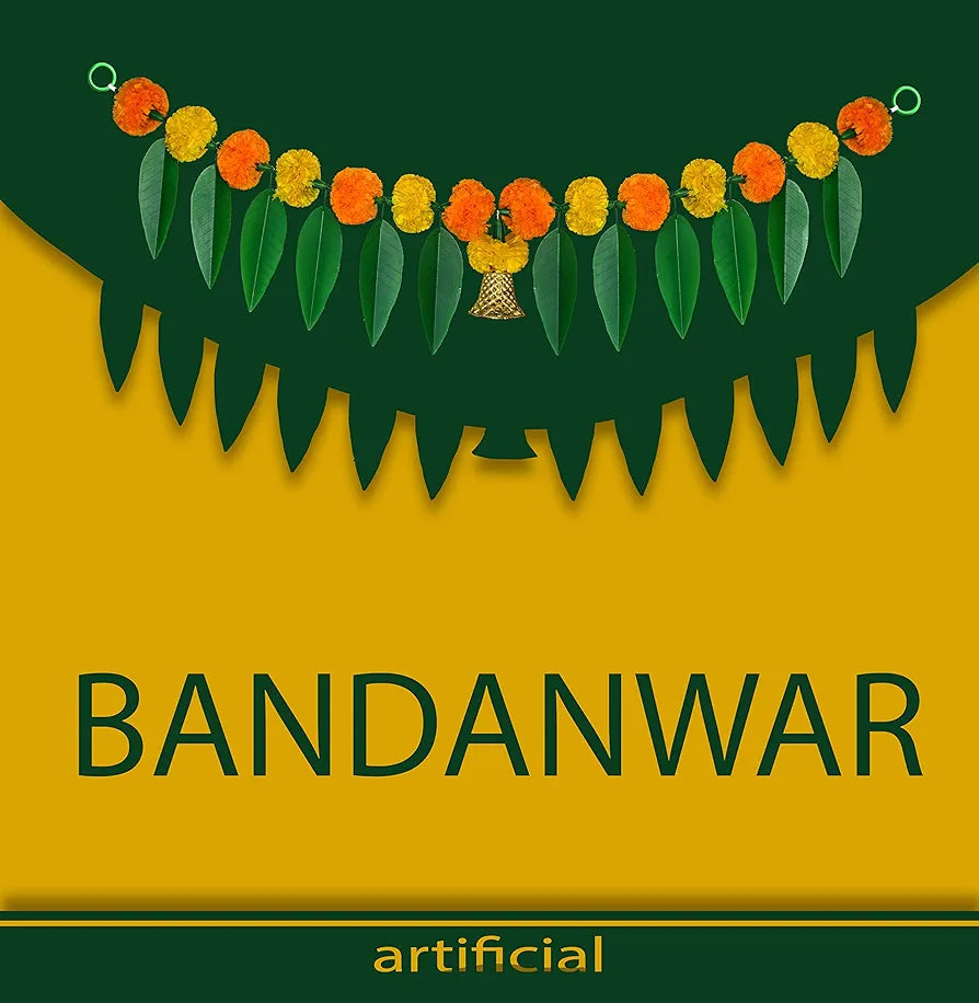 iHandikart Artificial Marigold Bandanwar Pack of 4 with Mango Leaves and Bells - 40 Inch, Yellow and Mango - Home & Festive Decorations, Housewarming Gift