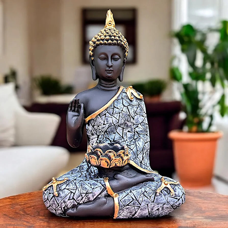 NEELAYA Meditating Buddha Statue with Tealight Holder Polyresin Showpiece for Home Decor Living Room Office Table Vastu Gift Housewarming 28 cm Black Grey