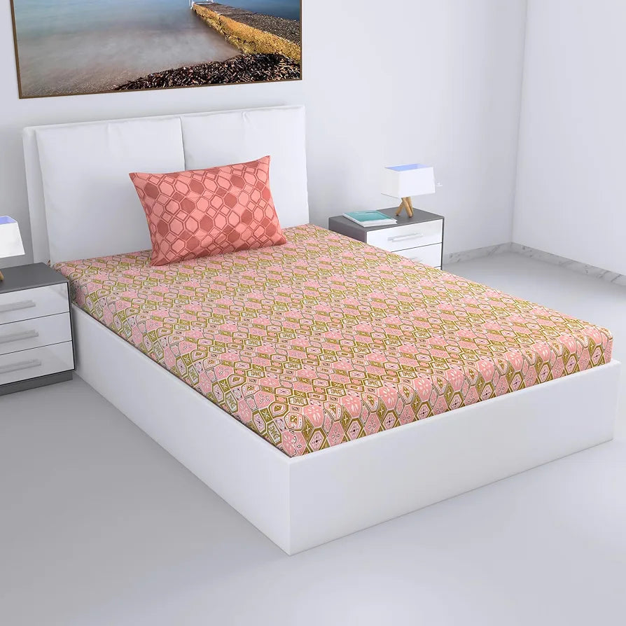 Divine Casa Pure Cotton Single Bed Printed Bedsheet with 1 Pillow Covers | Soft, Breathable and Comfortable | 223 x 145 CM | Nordic Hexa Pattern | Blush & Olive, 200 TC