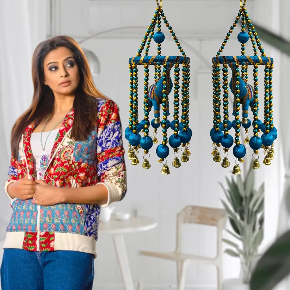 Kuber Industries Rajasthani Traditional Windchimes|Hanging Ring Elephants with Bells|Polyester Handcrafted Latkan|Decorative Door Hanging Latkan 