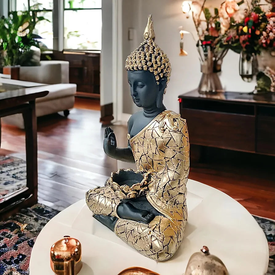 NEELAYA Meditating Buddha Statue with Tealight Candle Holder Polyresin Showpiece for Home Decor Living Room Office Vastu Gift Housewarming 28 cm Black Gold