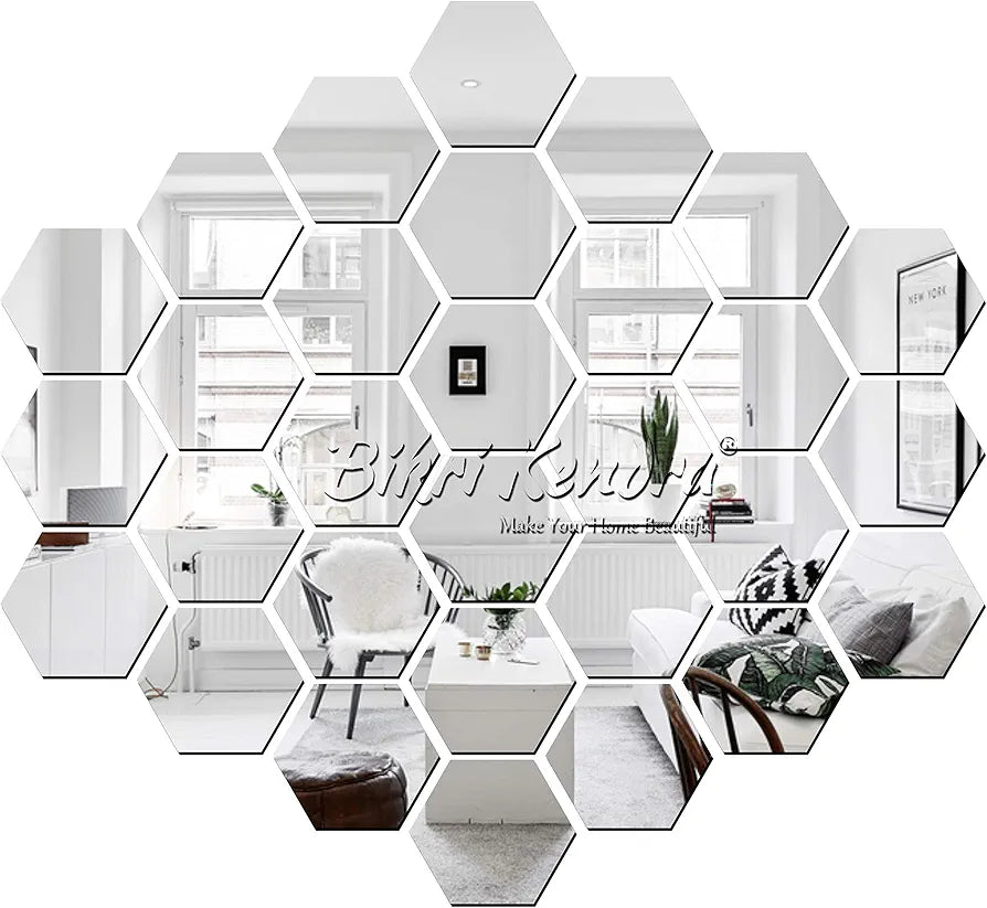 Bikri Kendra - Hexagon 30 Stickers for Wall, Acrylic Wall Decor, Hexagonal Mirror Sticker, Mirror Stickers, 