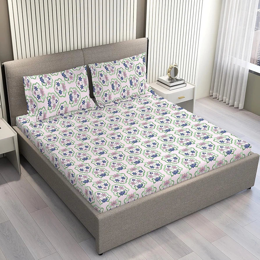 Layers Basicx 100% Cotton Bedsheet Set for All Seasons - Lightweight, Moisture Absorbent, Machine Washable & Easy to Care - Gift for Housewarming & More - 120 TC - Queen Size 