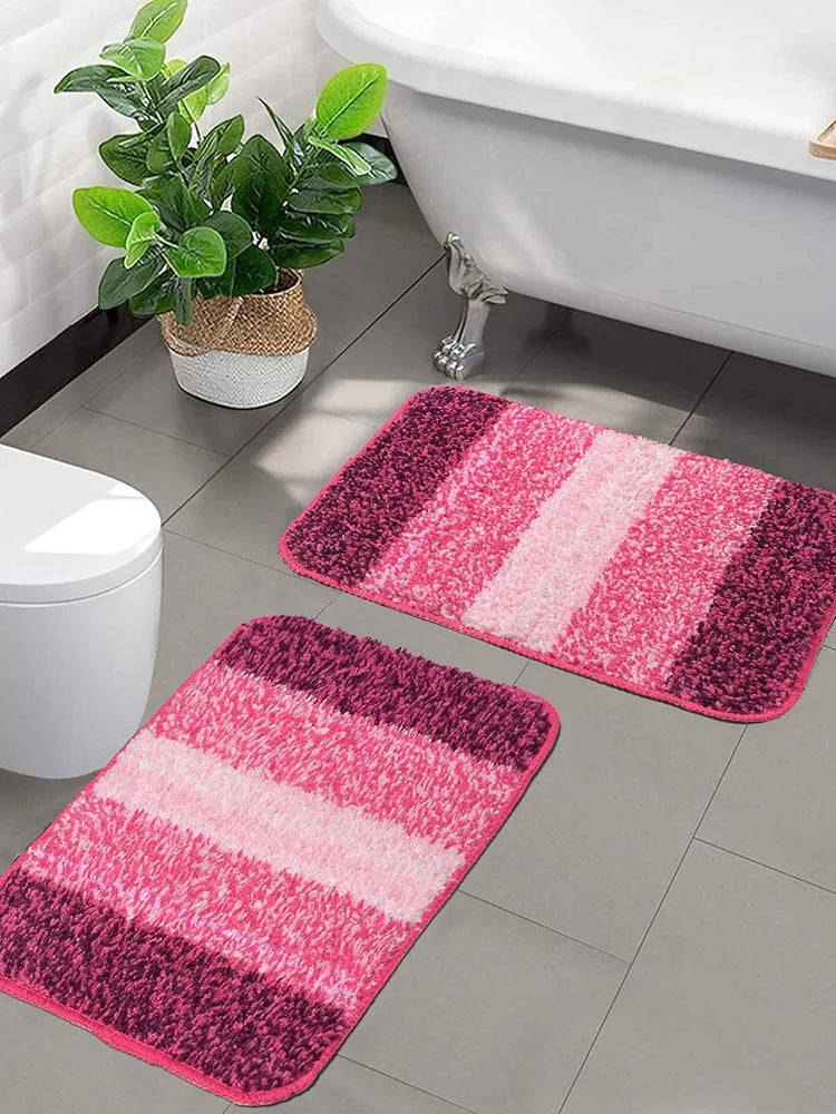 Saral Home Microfiber Striped Rectangle Shaped Anti-Skid Bath Mats | Soft & Super Absorbent Mats for Shower | Washable, Non-Slip & Quick-Drying Mats, 50X70 CM | Pack of 2 