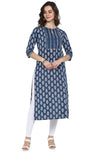 Janasya Women's Blue Pure Cotton Block Print Straight Kurta