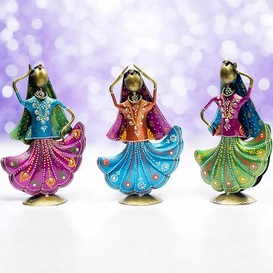KRAFTSKALA Set of 3 Metal Figurine Dancers Home Decor Item for Living Room, Bedroom, Wedding Festive Housewarming Gift Showpiece Rajasthani Dancing Dolls
