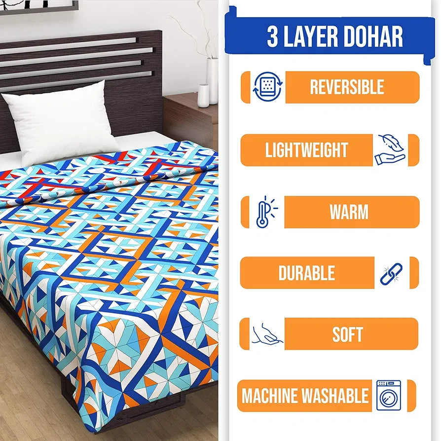 Divine Casa 120 GSM Microfiber Single Dohar | Soft & Lightweight Throw Blanket | Cozy & Breathable | All-Season Comfort | 210 x 140 CM | Tessellate Pattern | Blue-Red & Orange