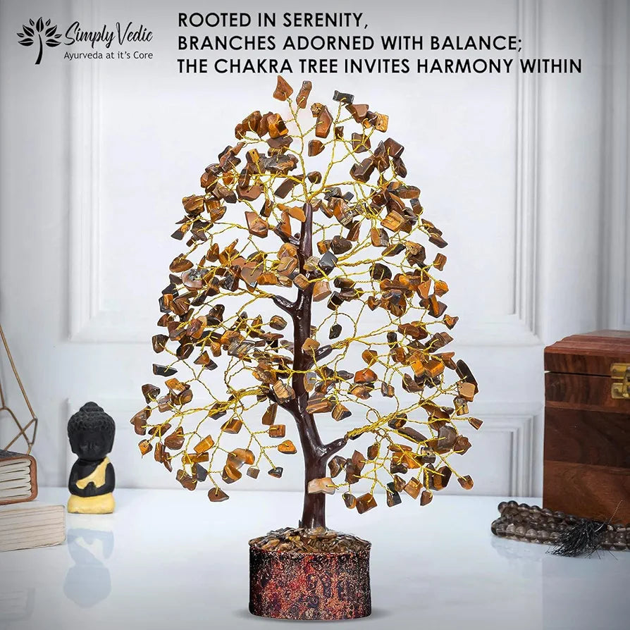 Simply Vedic Chakra Tiger Eye Crystal Tree|for Positive Energy,Good Luck|Natural Healing Gemstones Moneytree Feng Shui,Spiritual Gift,Home Decor|Handmade by Traditional Artist,8 cm,26 Cm