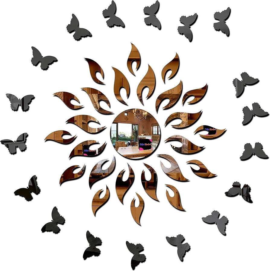 Bikri Kendra Sun with Butterfly Acrylic Mirror Wall Stickers , Set of 45
