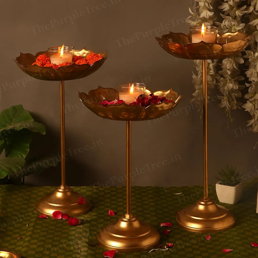 The Purple Tree Beautiful Handcrafted Lotus Urli Bowl With Stands Diwali  Decorative Bowl With Stands Floating Flowers And Tea Light Candles Home, Urli Stand Tealight Holder, Golden