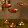 The Purple Tree Beautiful Handcrafted Lotus Urli Bowl With Stands Floating Flowers And Tea Light Candles Golden Lotus Urli with Stand 3 pc