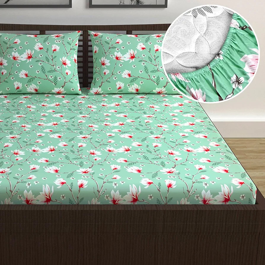 Divine Casa Floret 100% Cotton Double Fitted Bedsheet | 144 TC | Deep Pocket Design | Soft & Breathable Fabric | Durable & Easy Care | 200 x 150 + 25 CM, Blossom Haven Mint
