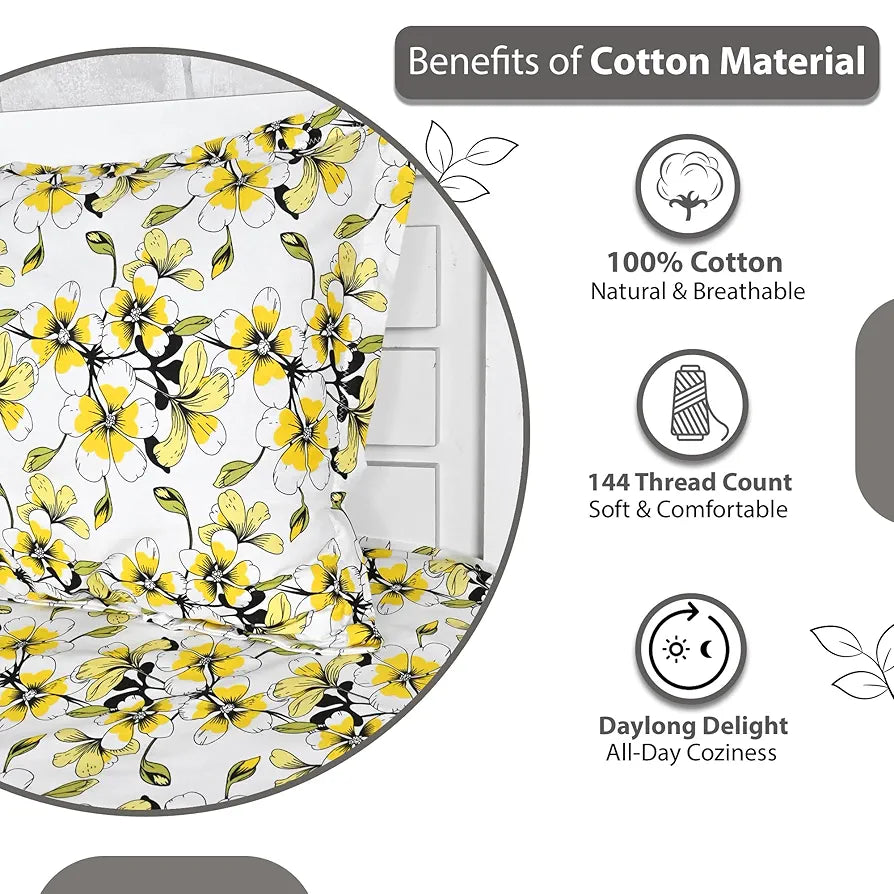 Divine Casa Bedsheet for Single Size Bed 144 TC Cotton Bedsheet for Single Size Bed with 1 Pillow Cover  Floral Golden Daffodil Cotton Bedsheet