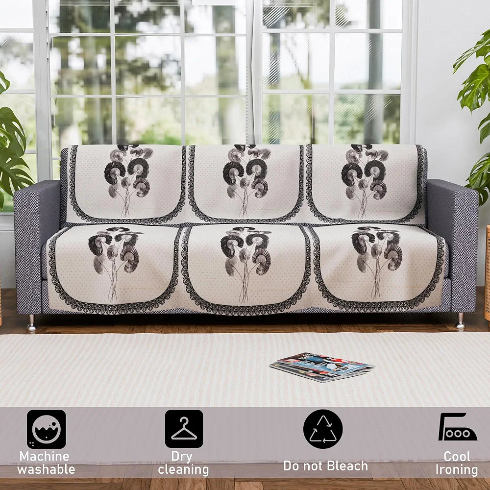 Kuber Industries Set of 6 Velvet 3 Seater Sofa Covers for Living Room | Easy Machine Washable Sofe ke cover for Home Comfort | Digital Flower-Cream & Green