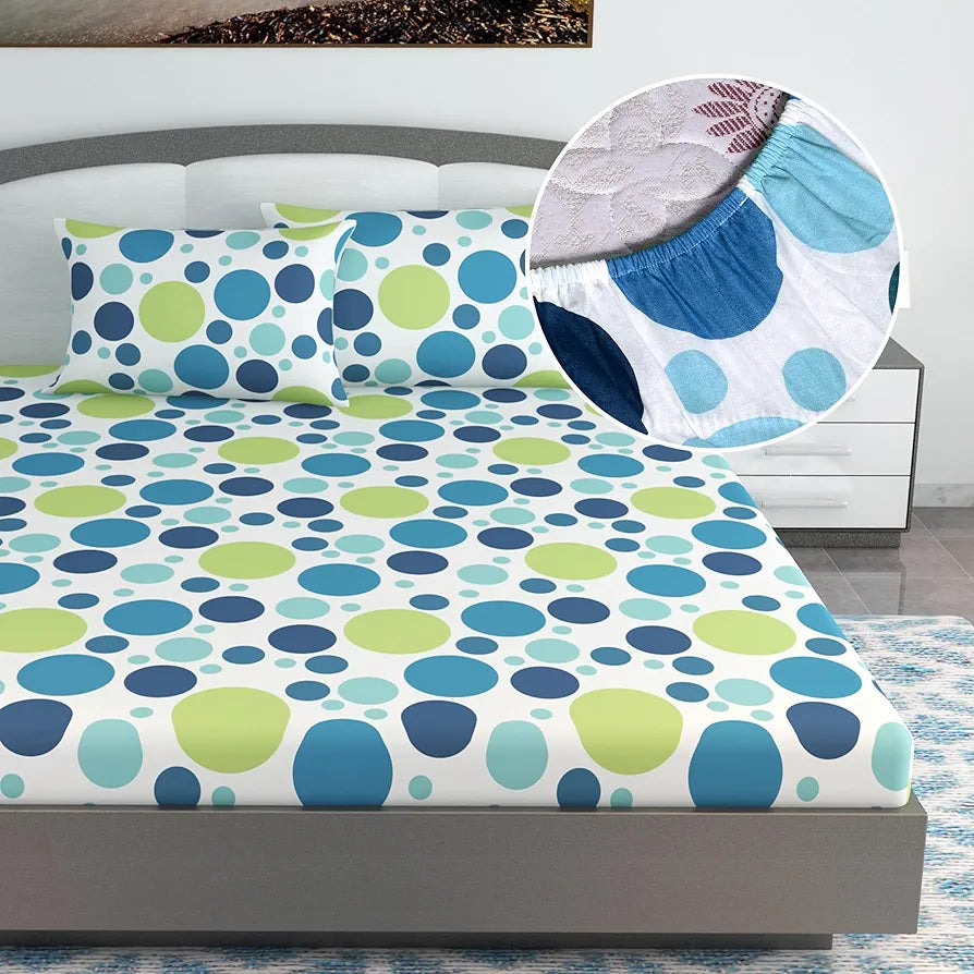 Divine Casa 144 TC Polka Print Blue Skin Friendly 100% Cotton Elastic Fitted Bedsheets King Size - 78 x 72 inches