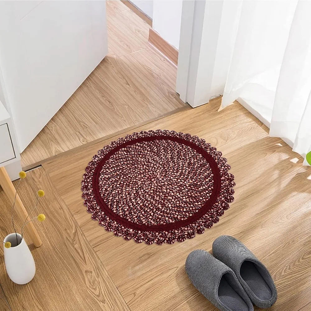 Kuber Industries Door Mat | Round Shape Feather Door Mat | Cotton Reversible Mat | Door Mat for Kitchen | Door Mat for Home | 20 Inch | Large | Maroon