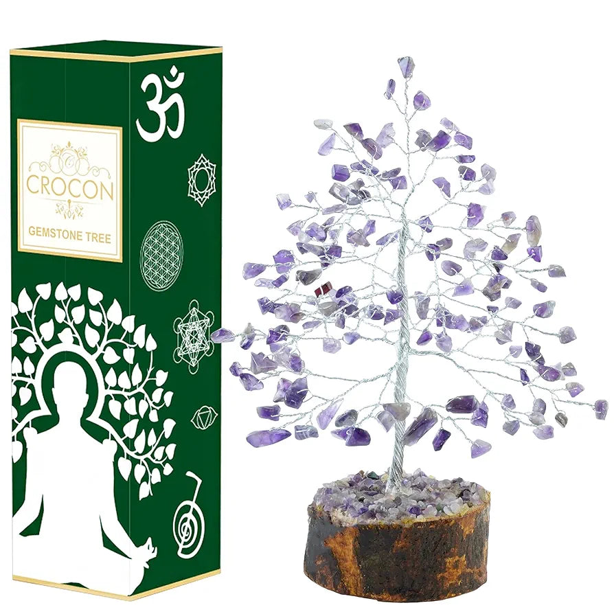 Crocon Amethyst Gemstone Money Tree Feng Shui Bonsai for Reiki Healing Chakra Stone Balancing Energy Generator Spiritual Home Interior Office Decor Size: 7-8 Inch