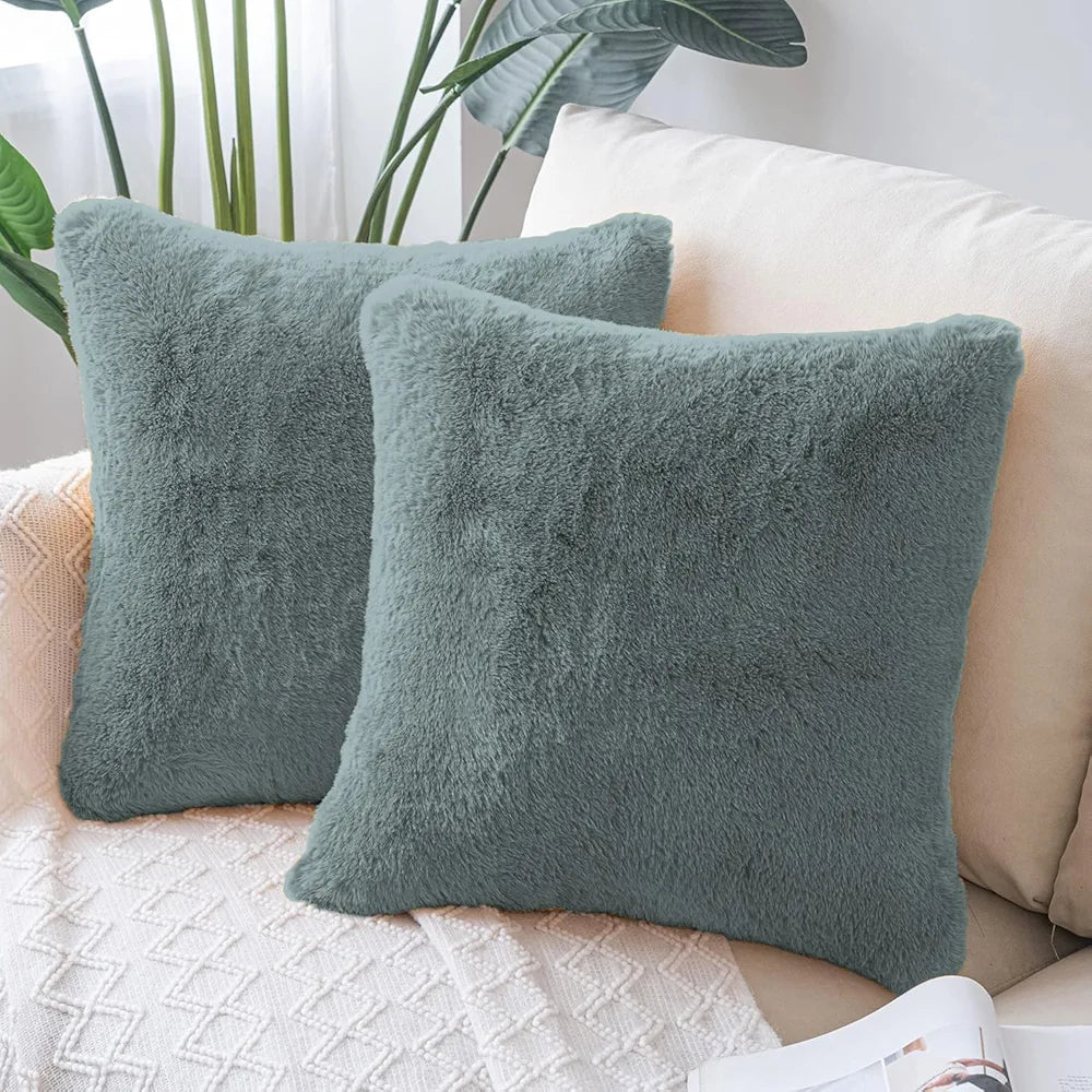 Luxe Home Cushion Cover 16 inch x 16 inch Duble Side Rabbit Fur Plain Design Covers Set of 2 for Sofa, Bedroom, livingroom 