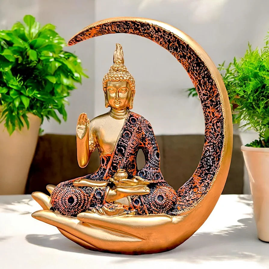 NEELAYA Antique Meditating Moon Buddha Showpiece | Polyresin Statue for Home Decor, Living Room, Office | Housewarming, Gifting 