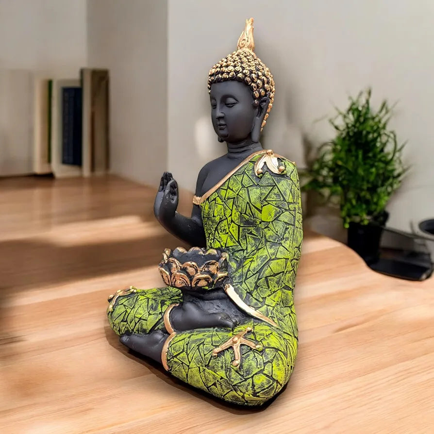 Meditating Buddha Statue with Tealight Candle Holder Polyresin Showpiece for Home Decor Living Room Office Vastu Gift Housewarming 28 cm Black Green