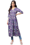 Janasya Women's Navy Blue Satin Digital Floral Printed Gathered Kurta