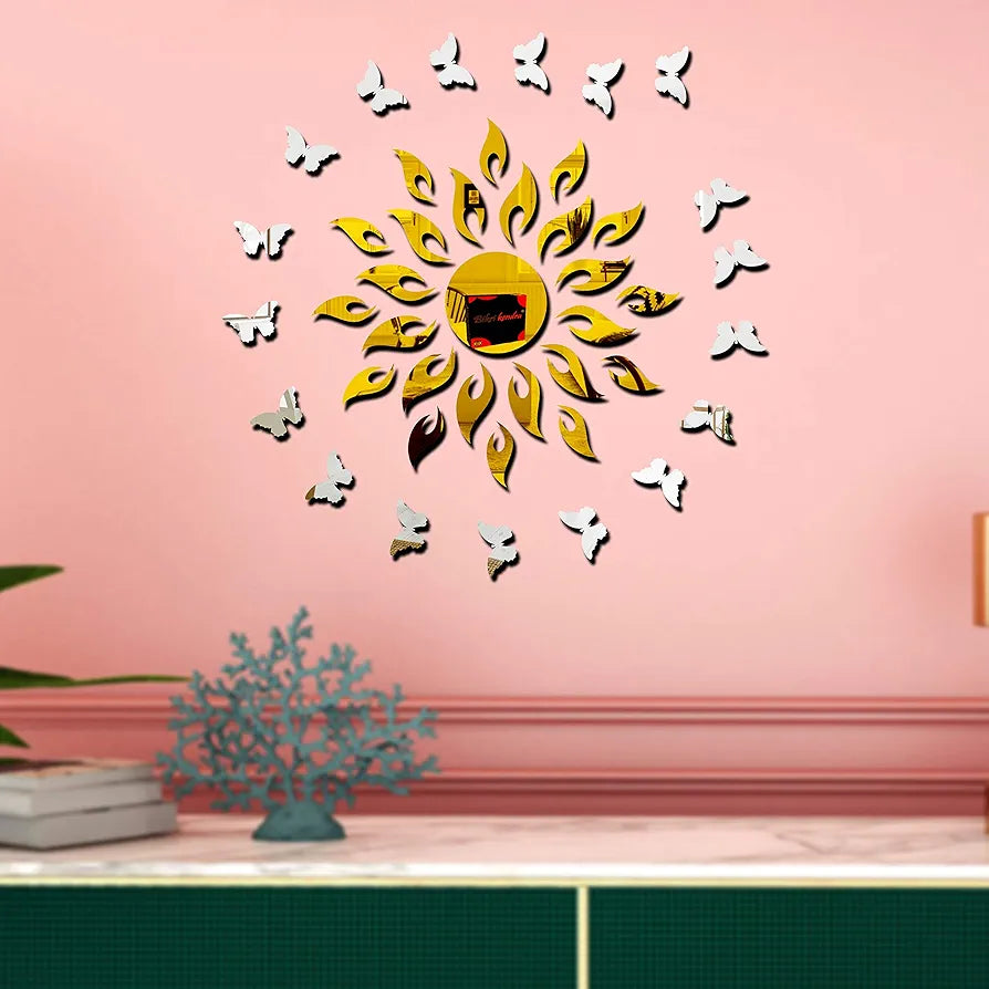 Bikri Kendra 3D Acrylic Mirror Golden Sun with Silver Butterfly Wall Stickers