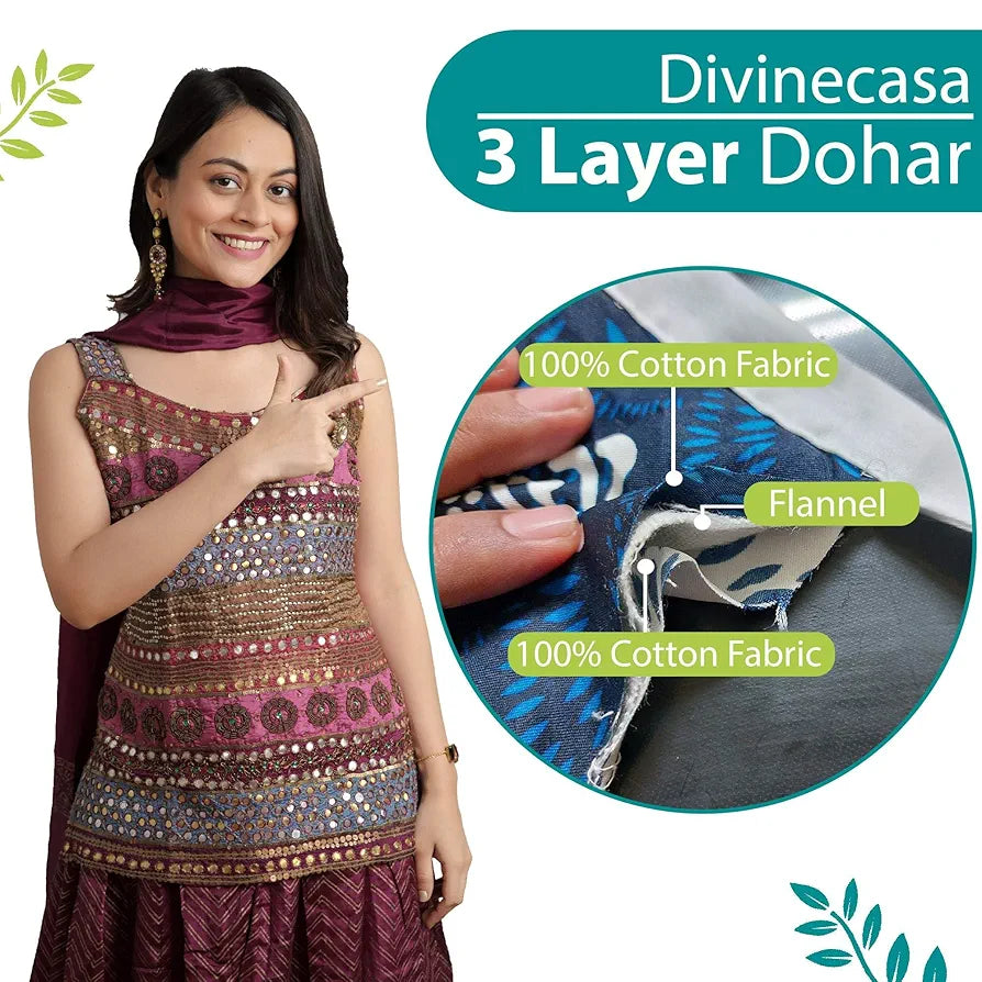 Divine Casa Glace Cotton 120 GSM Reversible Lightweight Printed Double Bed AC Dohar Blanket Quilt - Turquoise and Green| TC - 120