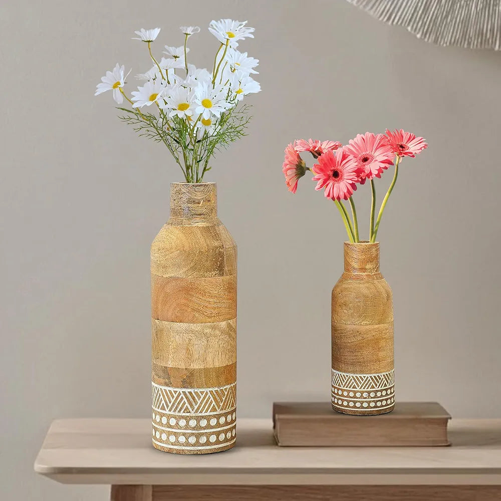 Behoma Boho Engraved Design Wooden Flower Vase Set of 2, Bottle Shape Mango Wood Vases for Flowers for Decor Home Living Room Kitchen Office, Natural Light Brown Finish | Height - 23 cm & 15 cm