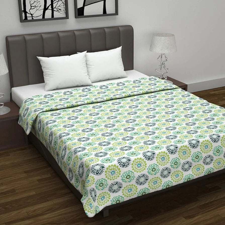 Divine Casa Floret 100% Cotton Double Dohar | 120 GSM | Soft & Lightweight Throw Blanket | Reversible Design | Cozy & Breathable Bedding | All-Season Comfort | 220 x 205 CM, Green Blue