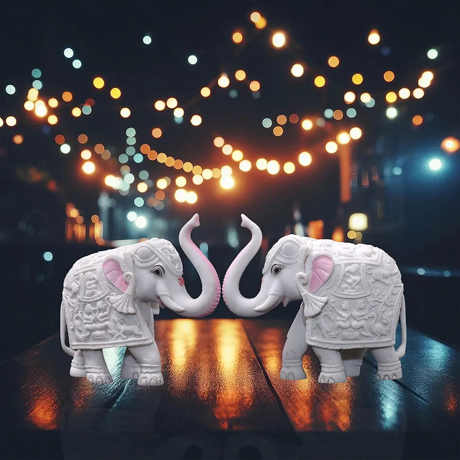 KRAFTSKALA Pack of 2 White Elephant Showpieces Home Decor for Living Room, Table, Shelf, 2 x 3 inch Elephant Marble Resin Statue for Vastu, Feng Shui, Office Decor, Gifting