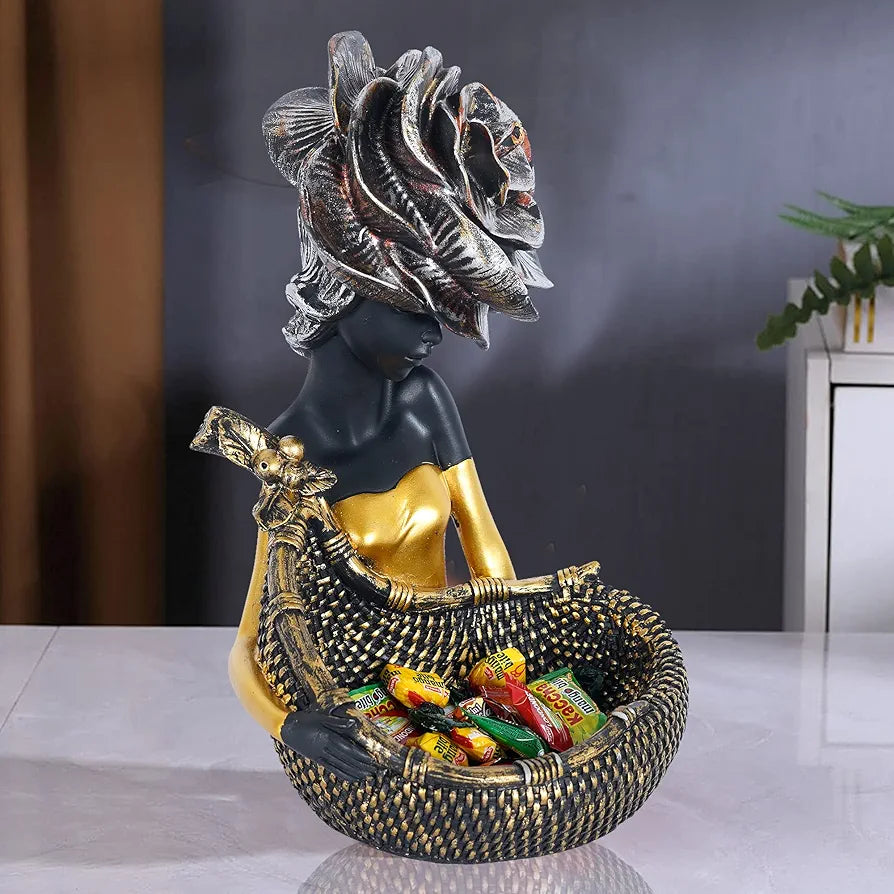 zart Resin African Tribal Lady with Basket Showpiece for Home Decor Showpiece, Home Shelves Decorative Showpiece , 10 cm , 7 cm