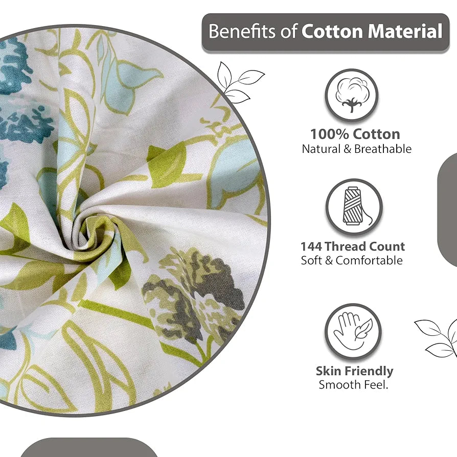 Divine Casa Double Size Bedsheet for Double Bed, 144 TC Pure Cotton Queen Size with 2 Pillow Covers | 222 by 254 cm | Floral | Mint Blue