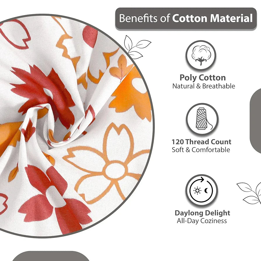 Divine Casa Double Size Bedsheet for Double Bed, 144 TC Pure Cotton Queen Size with 2 Pillow Covers | 222 by 254 cm | Floral | Rust White