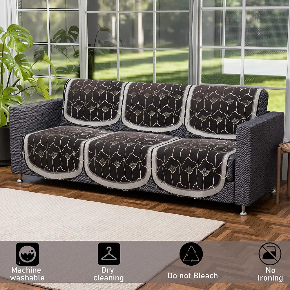 Kuber Industries Set of 10 Anti-Skid Sofa Cover 5-Seater | Comfortable Slipcover Sofa Cloth & Furniture Protector for Home Decor | Arabica Look - Brown & Golden Foil